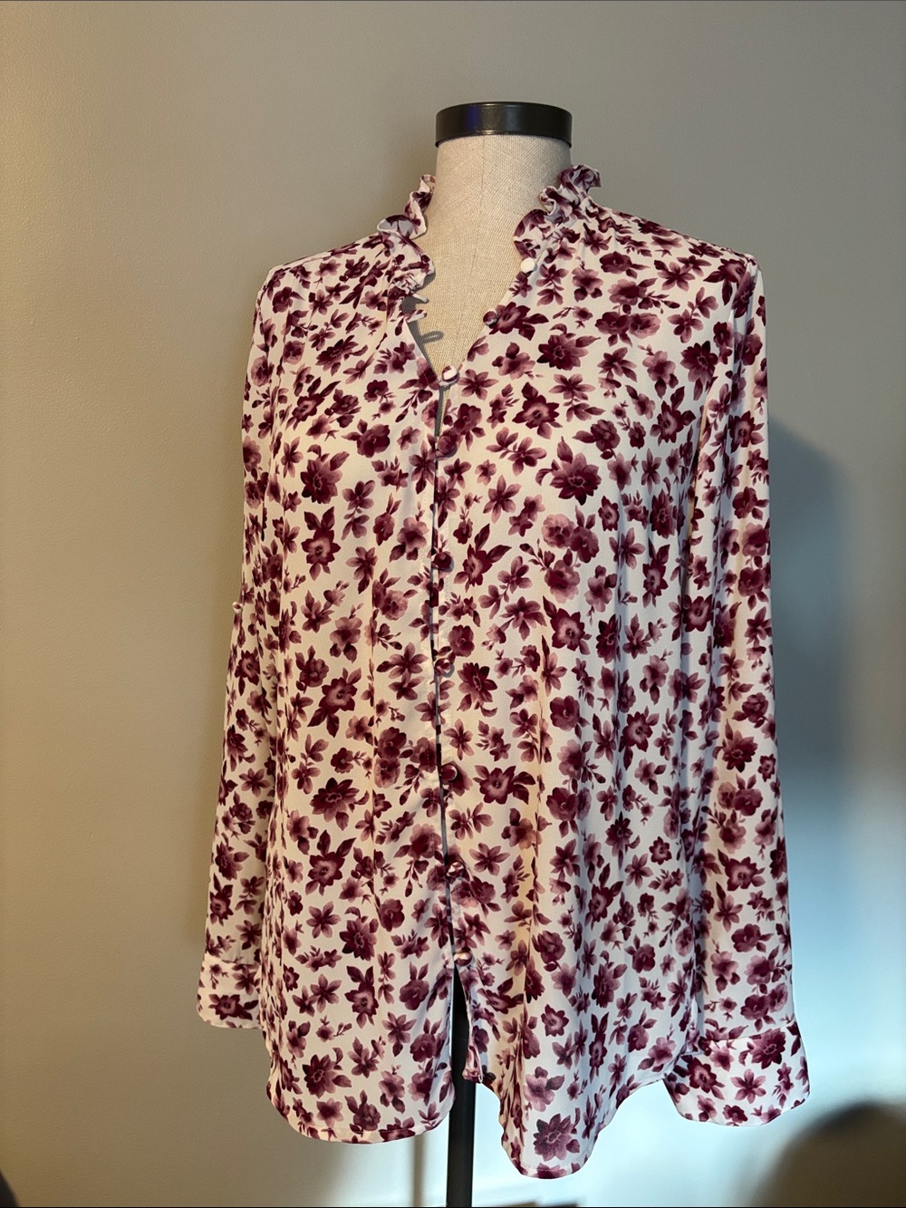 Express Cream Blouse with Burgundy Floral Print